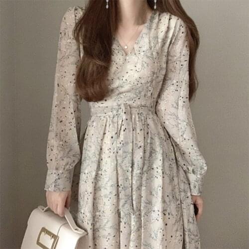 2021 Spring New Women Floral Long Dress V-neck Fairy Dress Korean Style Chiffon Dress A-Line Office Lady Slim Waist Sashes