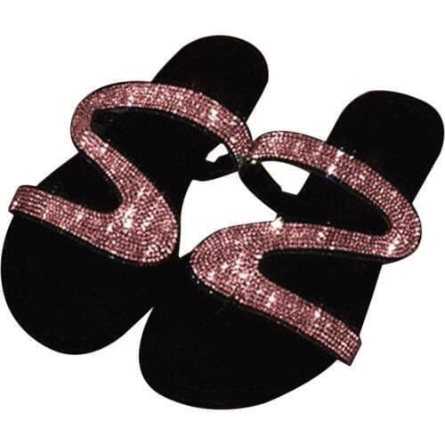 2020 New Rhinestone Bright Diamond Slippers Crystal Hollow Flat Slide Ladies Open Toe Comfort Slip On Outdoor Beach Sandals