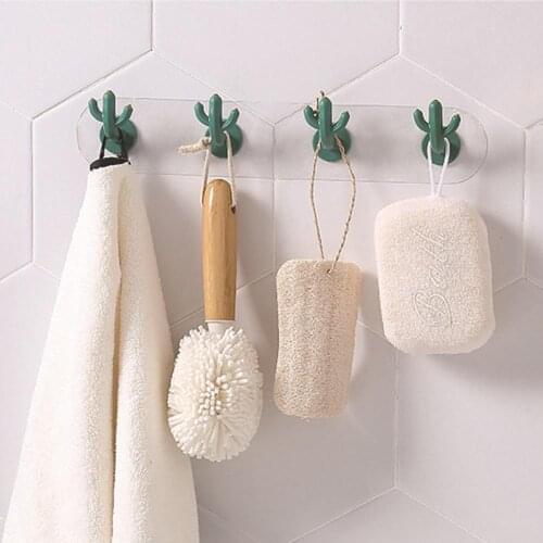4Pcs seamless hook Wall-Mounted Cactus Shape Hook Holder Kitchen Bathroom Office Hanger Rack Punch-free bathroom hook rack new