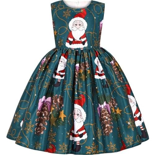 Girls Cute santa print satin dress 2021 new childrens wear childrens dress for Christmas New Year party clothing 3-10 years