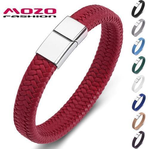 MOZO FASHION Punk Men Jewelry Red Braided Leather High Quality Bracelet Stainless Steel Magnetic Clasp Women Bangles Gift 161