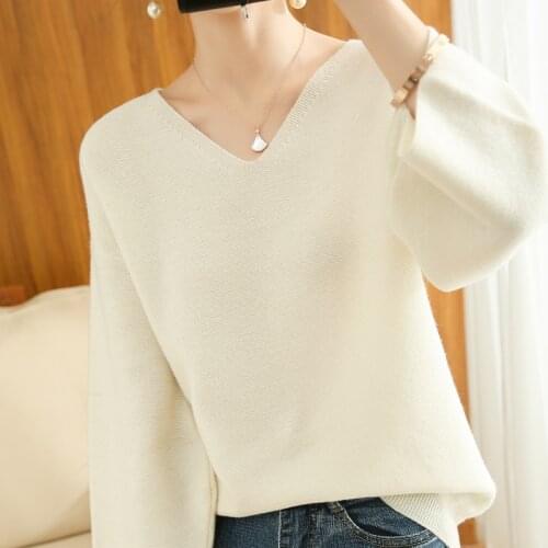 FRSEUCAG 21 New product Casual loose V-neck cashmere sweater ladies knit short pullover autumn and winter coat 100% wool sweater
