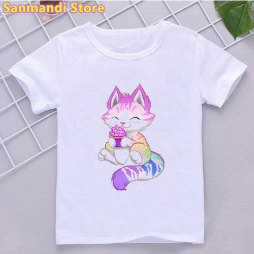 Rainbow Cat Love Ice Cream Animal Print T-Shirt Girls/Boys Kids Clothes Summer Fashion White Pink Yellow Children Clothing Tops
