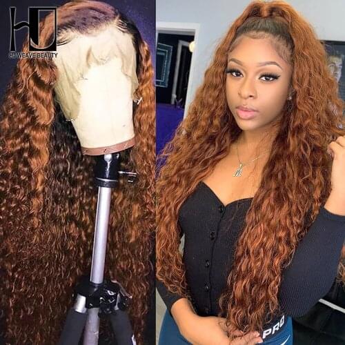 Ginger Ombre Color Water Curly Human Hair Remy Lace Front Wigs Highlight Deep Wave Honey Brown 1B/30 Frontal Wig Pre Plucked