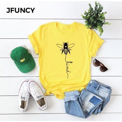 JFUNCY Cute Bee Print Summer Women Tshirt Hipster Harajuku Graphic Tee Plus Size Women Tops Loose Shirt Trendy Female Clothing