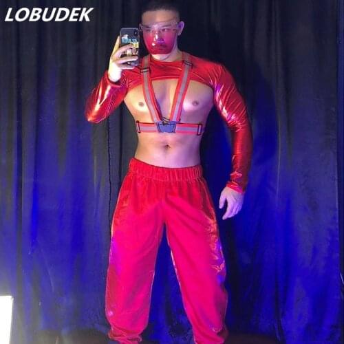 Bar Nightclub Male Dancer Stage Wear Sexy DJ Pole Dancing Performance Costume Red Shoulder Sleeve Belt Pants Outfits Dance Sets