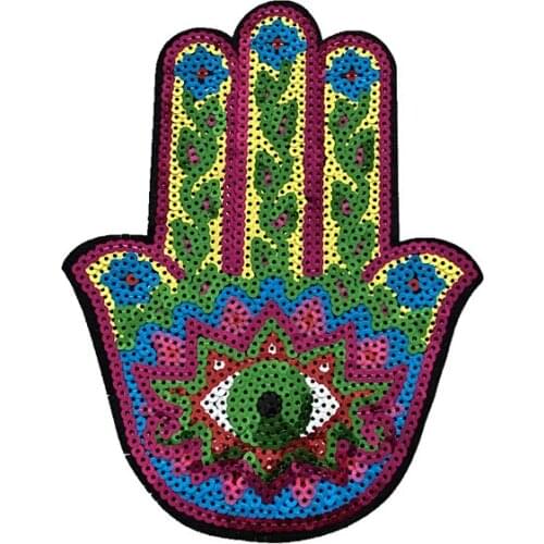 DZ New Arrival Hamsa Hand Sequined Iron on Patches for Clothes DIY Garment Accessories Big Hand Eye Sequins Embroidery Applique