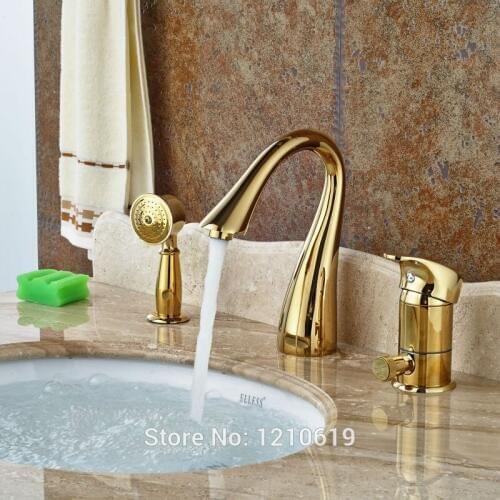 Newly Luxury Gold Plate Bathtub Faucet Mixer Tap w/ Hand Sprayer Deck Mounted 3Pcs Shower Tub Faucet One Handle