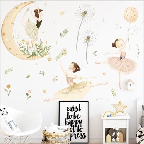 Cute Ballet Girl Dance Room Wall Sticker Moon Stars Romantic Wallpaper Green Plants Dandelion Wall Decal Kids Bedroom Sticker