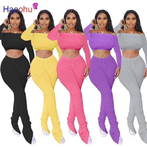 Sexy Fitness Bodycon Matching Sets Women Long Sleeve Slim Crop Top and Split Hem Stacked Pant Legging Suit Fall Outfit Tracksuit