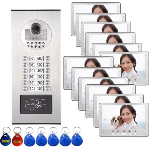 Wired 7" RFID Video Doorbell Intercom System 4~12 Monitors Screen with Outdoor Camera for Multi Apartments Building