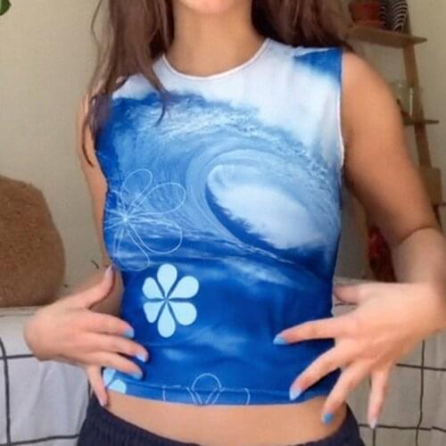 SUCHCUTE 2000s Aesthetic Printed Women Crop Tops Summer Casual Sleeveless Slim Outfits Tank Tops Streetwear Fashion Skinny Tops