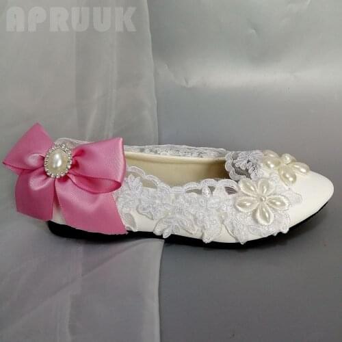 Flats lace shoes pink bow bowtie ladies flower girl party dinner ceremony proms dress dancing flats shoes big plus size new