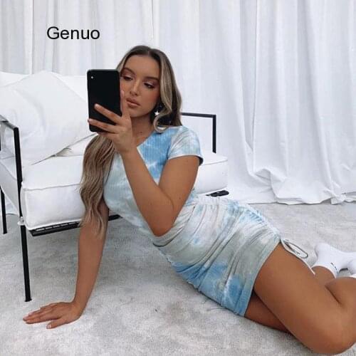 Tie Dye Print Sexy Summer Dresses For Women 2020 Adjustable Drawstring Fashion Ribbed Bodycon Mini Dress