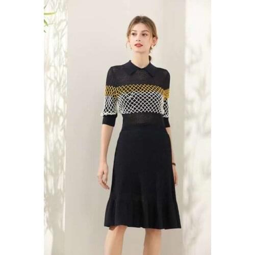 Knitted Dress 2021 Autumn Fashion Style Women Turn-down Collar Crochet Knitting Short Sleeve Mid-Calf Dark Blue Sweater Dress