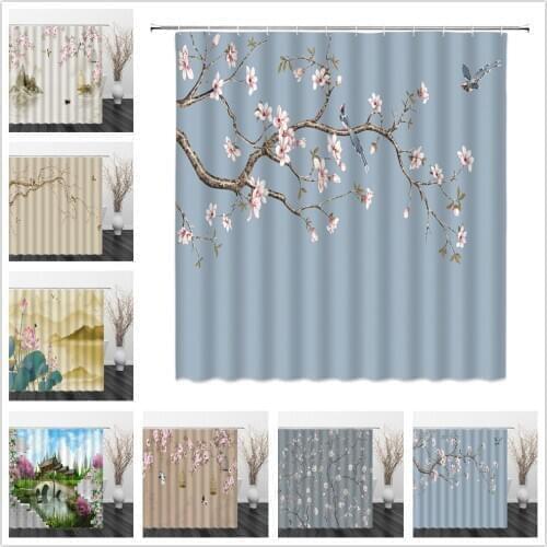 Chinese Style Shower Curtains Landscape Pink Flowers Bird 3D Bathroom Home Decor Waterproof Polyester Cloth Curtain 180*200CM