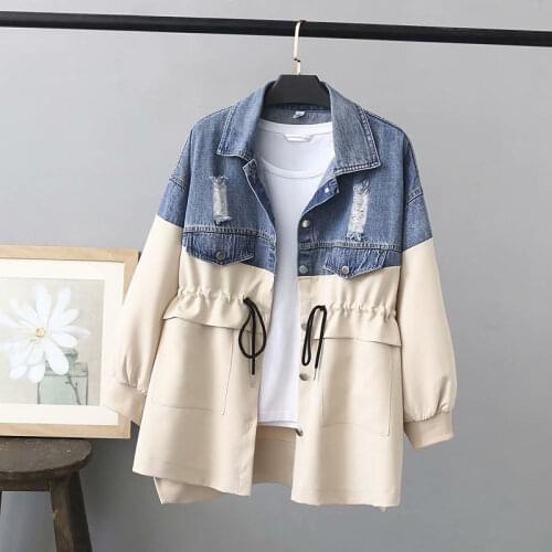Plus Size Spring Autumn Jackets Loose 2021 Womens Clothing New Korean Ripped Denim Stitching Mid-length Windbreaker aq1110