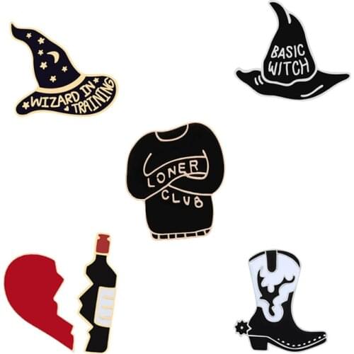 Punk cartoon brooch for woman magician hat broken heart wine bottle jackets creative Enamel badge men lapel Hijab pins jewelry