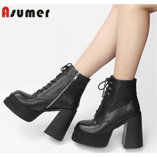 Asumer 2022 Big Size 43 Sexy Super High Heels Platform Shoes Lady Boots Genuine Leather Shoes Cross Tied Rome Ankle Boots Women