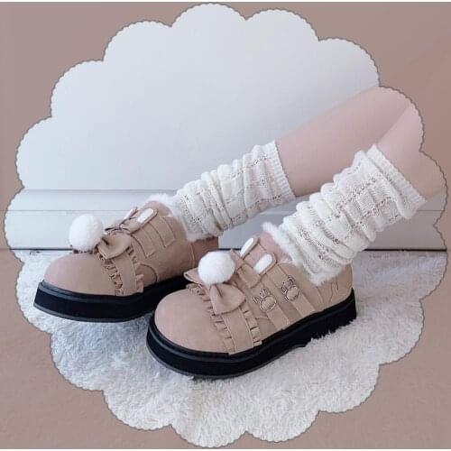 Winter kawaii girl sweet lolita shoes vintage round head plus cashmere keep warm women shoes cute bowknot kawaii loli snow boots