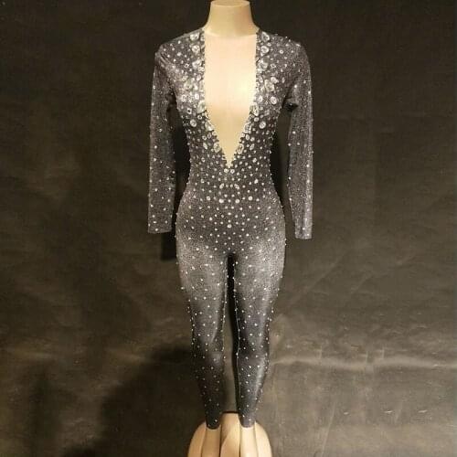 Women Shining Rhinestones See Through Black Jumpsuit Fashion Singer Dance Wear Birthday Celebrate Sexy Perspective Prom Bodysuit