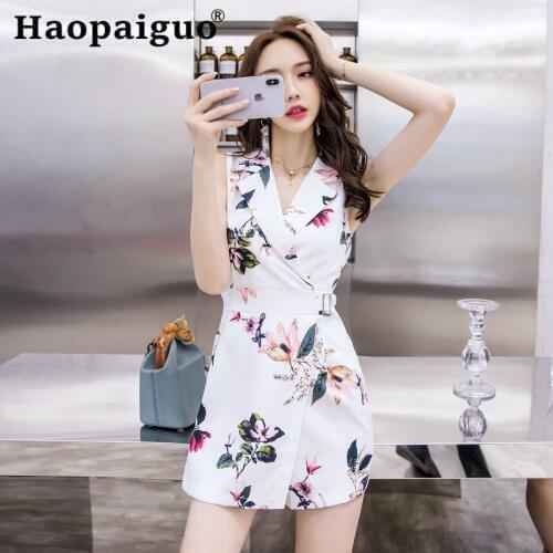 Korean Style Womens Sleeveless Sexy Jumpsuit Print Floral Party Plausuit High Waist Short Pants Pantalones Mujer Vadim Women