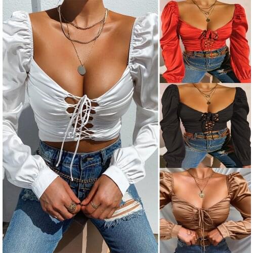 Women Sexy Crop Top Female Solid Color Long Sleeve Deep V-neck Hollow-out Clothes White/ Red/ Black/ Brown
