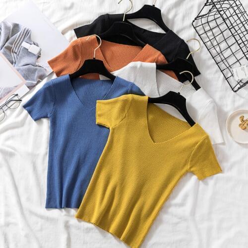 Summer V Neck Women Pullover 2020 New Spring Short Casual Short sleeve Knitted Sweaters Fashion Solid Sweater Female Jumper Tide