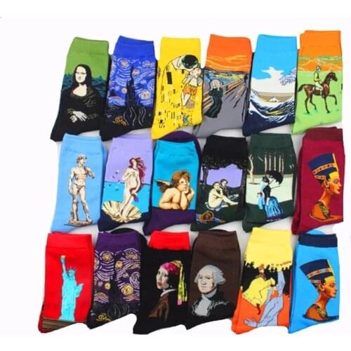 1Pair Combed Cotton Colorful Van Gogh Retro Oil Painting Men Socks Cool Casual Dress Funny Party Dress Crew Socks