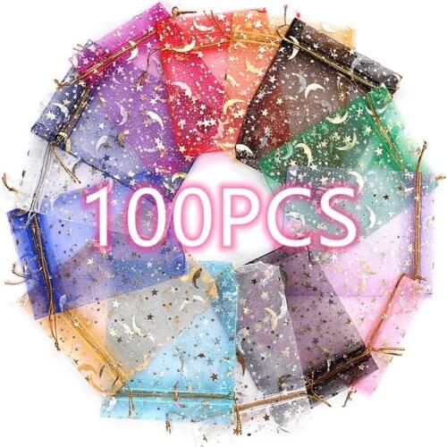100pcs 7x9cm Moon Star Drawstring Organza Bags Jewelry Packaging Bags Candy Wedding Bags Gifts Pouches Wholesale