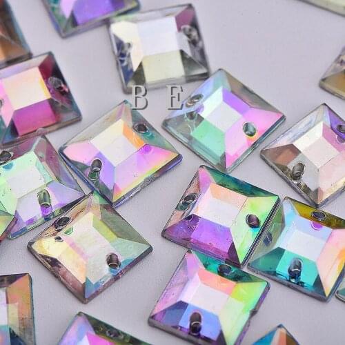 100pcs/lot Clear AB 10X10mm Sew On Square Shape Acrylic Flat Back Rhinestones Gems with 2 holes For Clothes Shoe Craft Accessary
