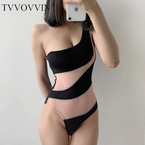 2020 Sumemr New European Fashion Sexy Gauze Mesh Perspective Patchwork Slim Strapless One-piece Vest Female Skinny Rompers E164