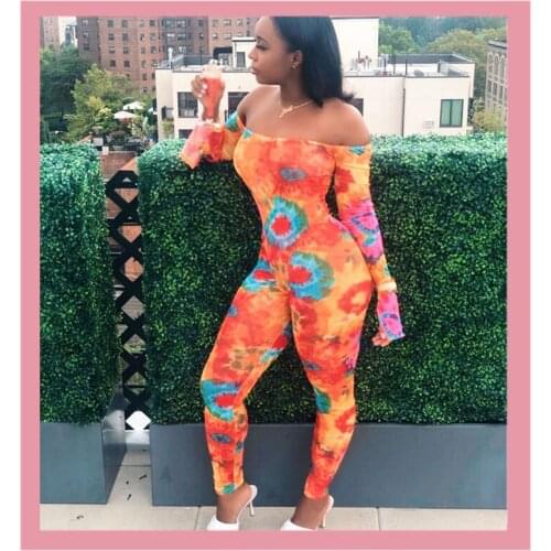 Summer Tie Dye Long Sleeve Slash Neck One Piece Bodysuit 2020 Fashion Sexy Streetwear Skinny Plus Size Rompers Women Clothing