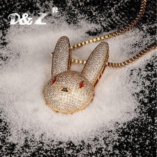 D&Z New Bad Bunny Pendant Necklace Iced Out AAA Cubic Zirconia Bling Mens Women Hip hop Rock Jewelry