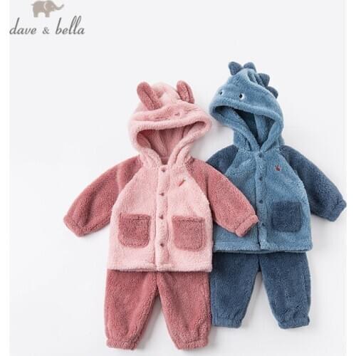 DBW15471 dave bella winter baby unisex fashion cartoon hooded pajamas newborn baby underwear casual sleepwear 2 pcs suit