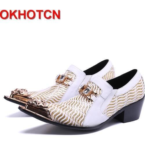 Designer Wedding Party Shoes For Men Pointed Toe Leather Shoes Men Dress Crystal Metal Hoops Mens White And Gold Dress Shoe New