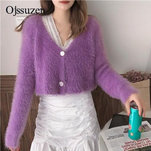 Purple Sweater Cardigan Women Cropped Tops Clothing Female V Neck Jacket Knitted Ladies Short Sexy Cute Coat Sweaters Spring