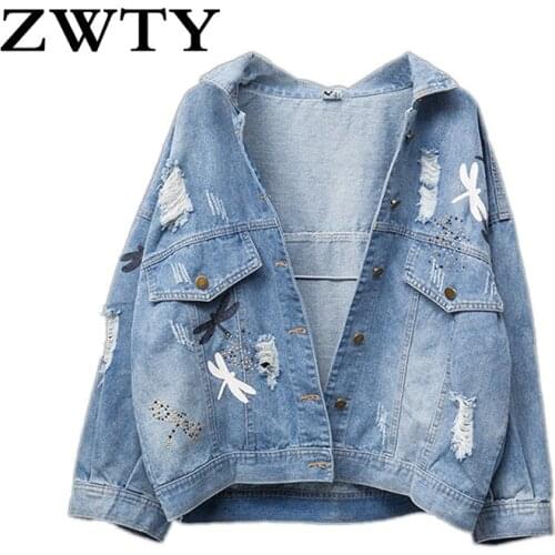 ZWTY Plus Size Womens Loose Cotton Denim Jacket Section Fashion Embroidery Pattern Lapel Blue Denim Coat Woman XL