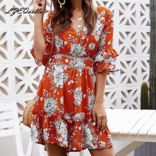 LZEQuella Floral Print Ruffles Boho Mini Dress Women Summer V Neck Backless Lace Up Dresses High Waist Vestidos For Women NZ3504