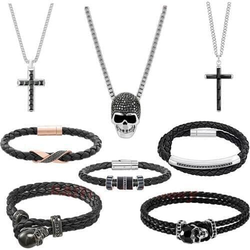 Fashion New Retro Regir Skull Black Leather Bracelet Crystal Jewelry Beautiful Dan Romantic Gift For Boyfriend