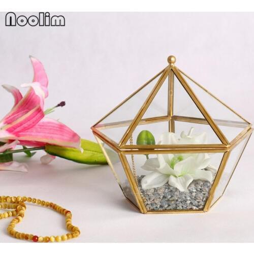 NOOLIM Polyhedron Clear Glass Geometric Terrarium Vase Tabletop Succulent Plant Micro Landscape Terrarium Geometric Copper Vase