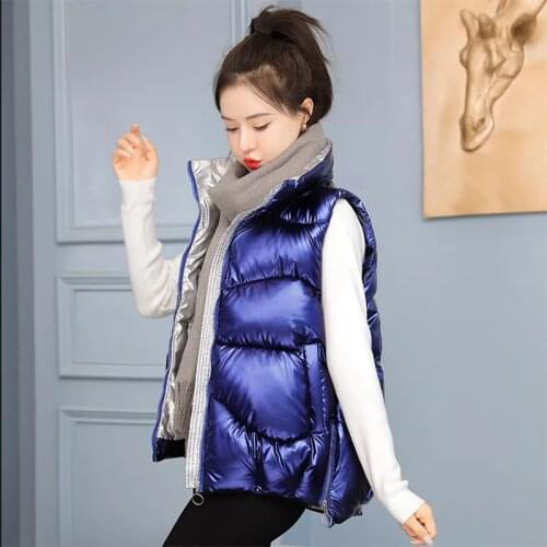 2021 New Womens Down Cotton Vest For Autumn And Winter Waistcoat Slimming Coat Bright Face Stand-Up Collar Sleeveless Jacket