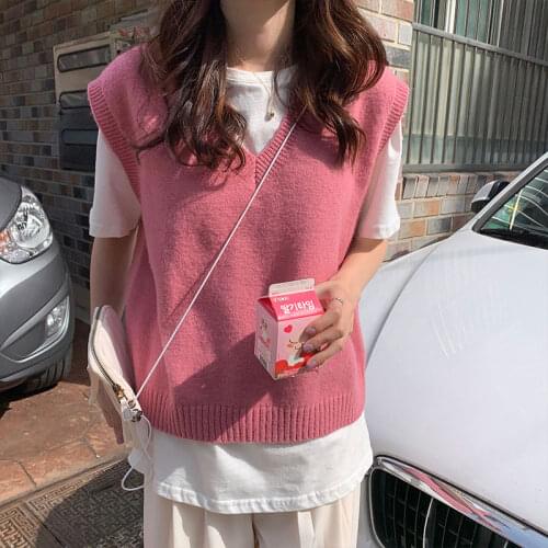 2021 autumn and winter korean style v neck knitted solid color sleeveless vest sweaters womens pullovers womens (X1086)