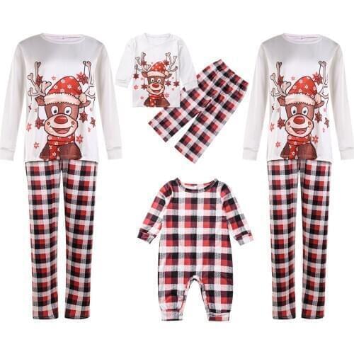 Christmas Parent-child Costume, Cartoon Deer Pattern, Plaid Print Classic Round Neck Holiday Clothing