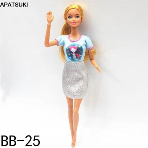 Blue Fashion Doll Clothes For Barbie Doll Outfits Cartoon Shirt & Silver Skirt 1/6 Dolls Accessories Toys For Children