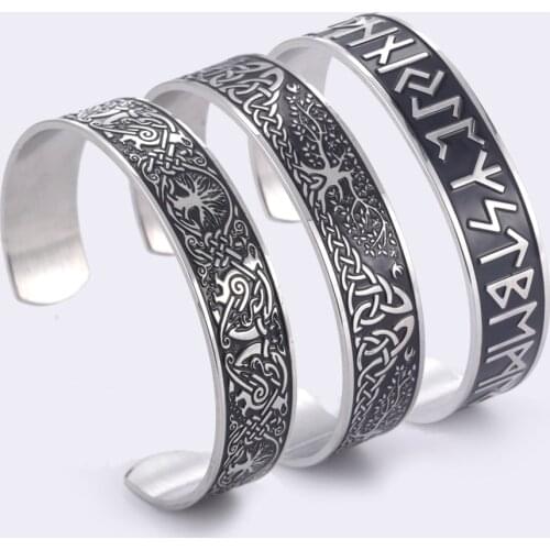 Teamer Stainless Steel Nordic Viking Runes Bangle Wicca Amulet Vintage Health Magnetic Cuff Bracelet Jewelry Gift for Men Women