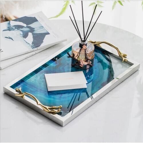 Stainless steel glass storage tray American blue agate stone tea set tea tray living room coffee table coffee set storage tray
