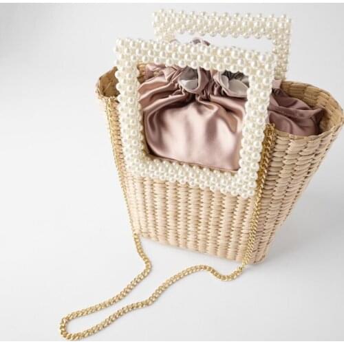 63HC Natural Straw Bag Handbag Crossbody Tote with Pearl Handle Handwoven Bag Summer Beach Messenger Bag Retro Bags for Women