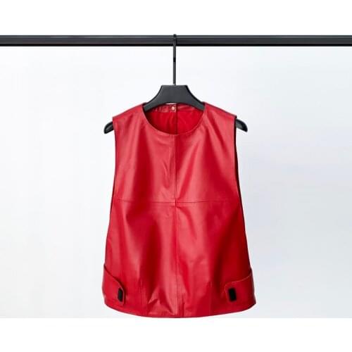 Spring 2021 New Leather Vest Female Short Round Neck Sheep Skin Waistcoat Jacket Leisure Slim Fashion