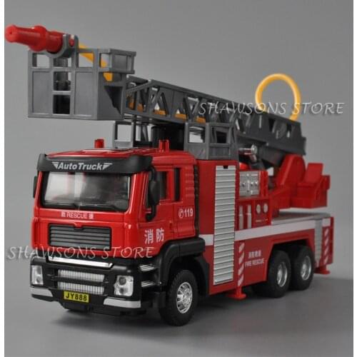 1:50 Diecast Metal Ladder Fire Engine Spray Water Truck Pull Back Toy Vehicle With Sound & Light